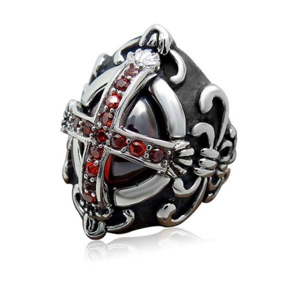 Men's Vintage Old Silver Plated Titanium Stainless Steel Ring Red Cubic Zircon