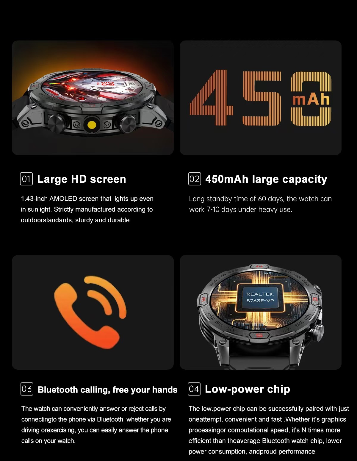 KC86 Men Smart Watch 1.43 Inch HD Large Screen BT Call Flashlight Compass Smart Watch 450mAh