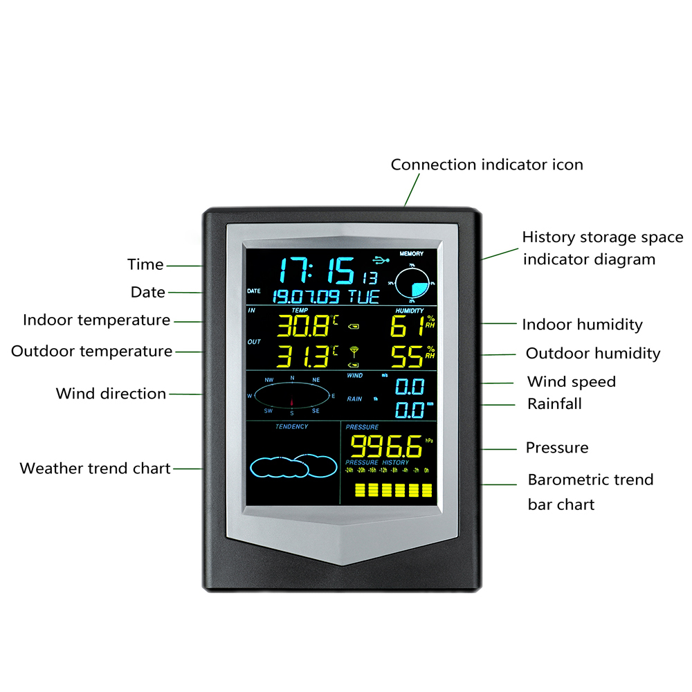 Multifunctional Color Screen Outdoor Wireless Sensor Weather Station With Touch Backlight