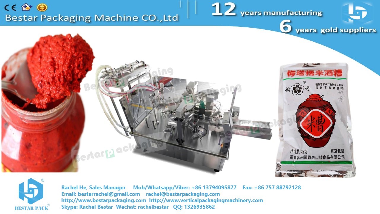 Doypack machine 8 station with customized screw pump for thick and stick red wine vinasse