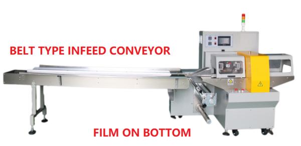 Conveying 220V Horizontal Flow Wrap Packing Machine Film On Bottom 450mm Film