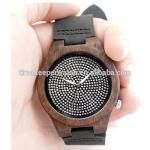 Black Natural Bamboo Wooden Watch Genuine Brown Leather Strap Full Diamond Dial
