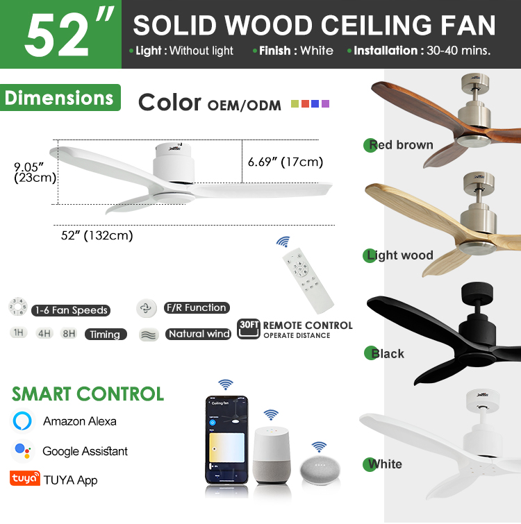 Modern Design Flush Mount Ceiling Fan with Wood Blades by 1stshine and App Control