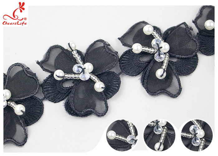 Black 3D Flower Embroidered Lace Trim With Beaded Azo Free Dyeing Pass OEKO TEX