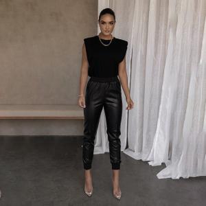 Wholesale Slim Women's High Waisted Leather Pants Temperament Ribbing Splicing from china suppliers