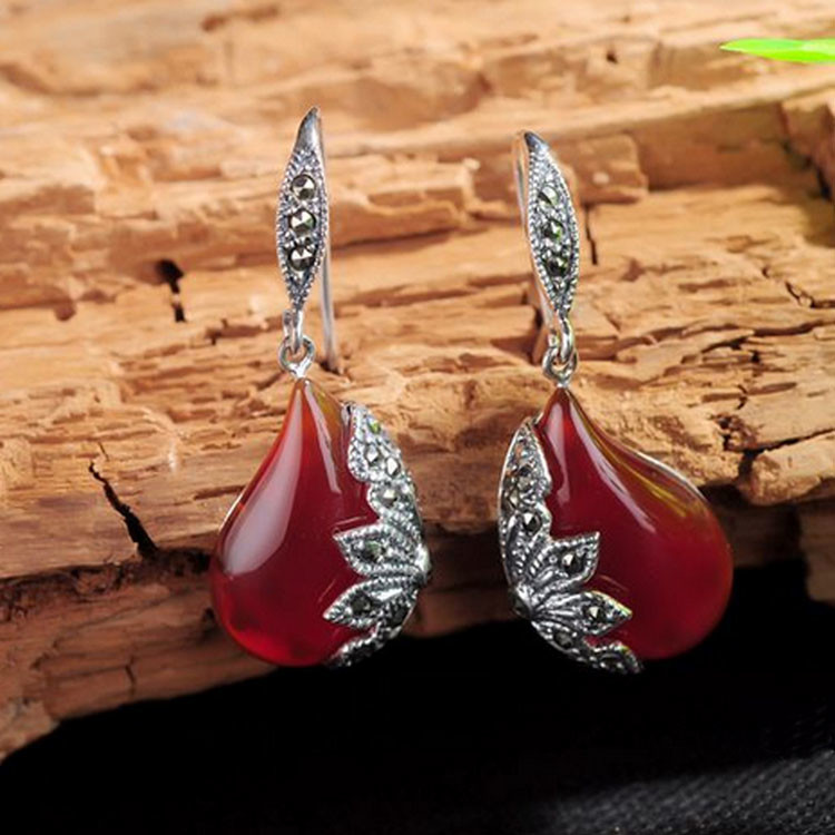 Sterling Silver Marcasite Earrings Red Agate Retro Jewelry (JA1729RED)