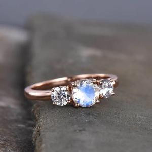 Wholesale 925 Sterling Silver CZ Natural Jewelry Faceted Rainbow Moonstone Three Stone Ring from china suppliers