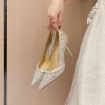 Spring Ladies Wedding Pumps , Sheepskin Golden Shiny Pearl Crystal Shoes