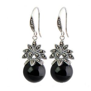 Wholesale Sterling Silver Black Agate Bead Dangle Hoop Earrings Thai Vintage Jewellery (E12035BLACK) from china suppliers