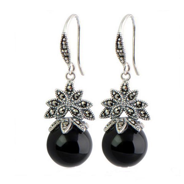 Sterling Silver Black Agate Bead Dangle Hoop Earrings Thai Vintage Jewellery