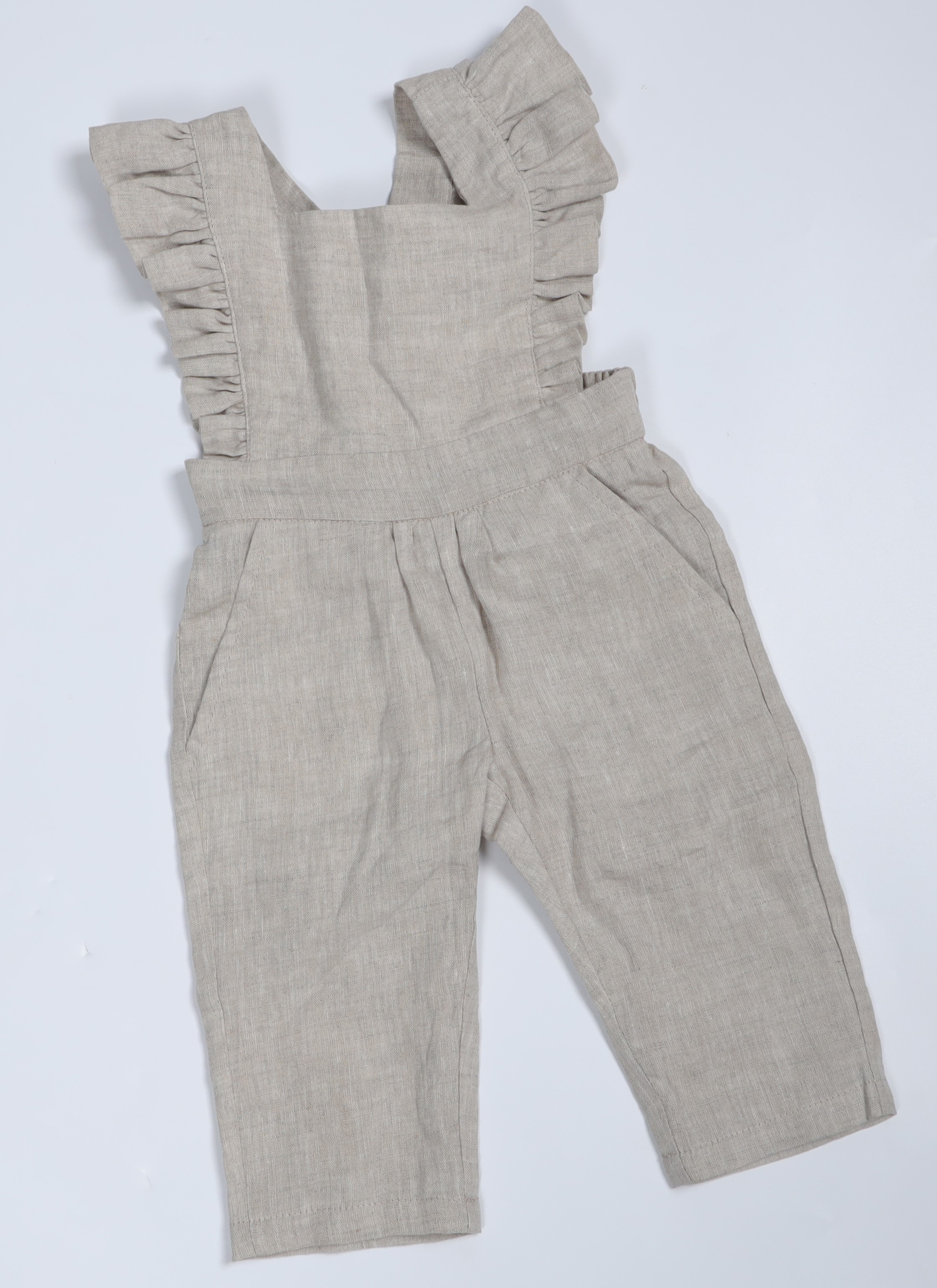 Little Girls Linen Fabric Dungarees Overalls Flutter Sleeve Jumpsuit Casual Wear