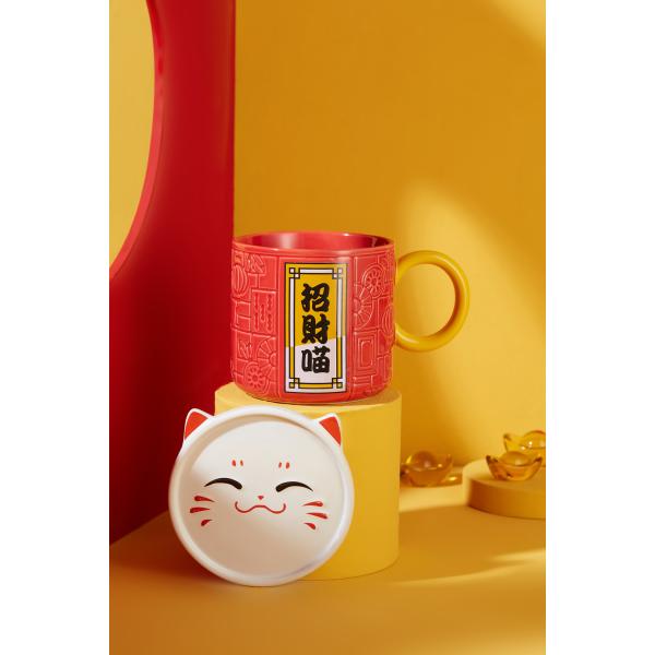 Boutique Mugs Customizable Lucky Embossed Mug Chinese Style Large Capacity Ceramic Coffee Juice Tea Mug With Lid