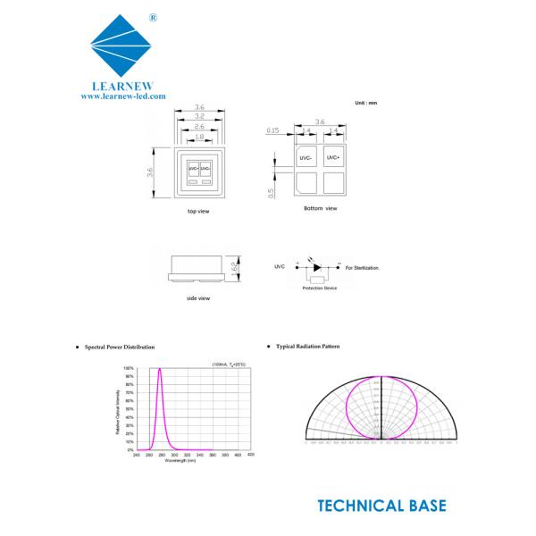 Low Thermal Resistance 265nm 405nm 0.5w UVC LED Chip 3.5x3.5mm