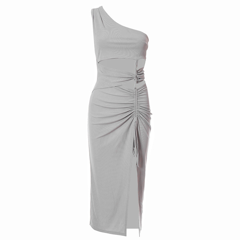 Drawstring Womens Party Maxi Dresses Stitching Slanting Shoulder Navel High Fork