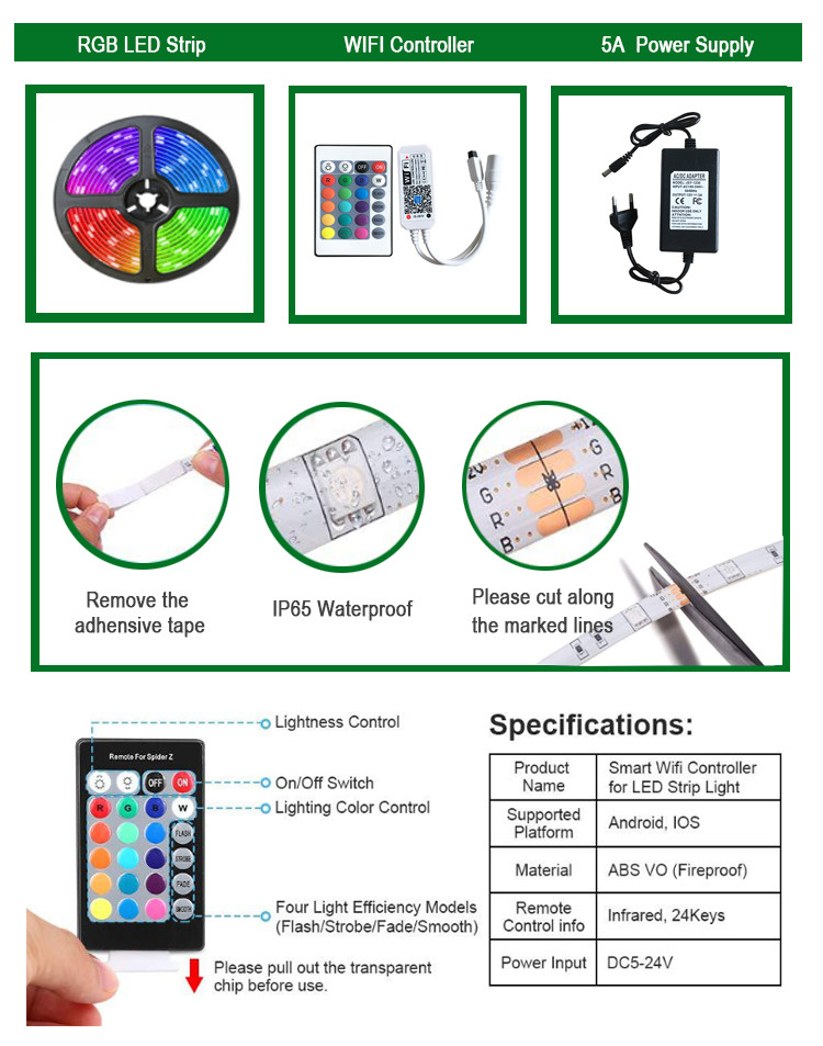 Color Changing Smart LED Light Strip DC12V For Bedroom With IR 24 Keys Remote