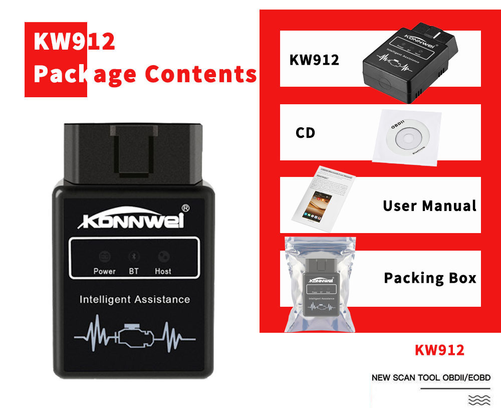 Black Color Obd2 Auto Diagnostic Scanner KONNWEI KW912 Elm327 Free Obd2 Software