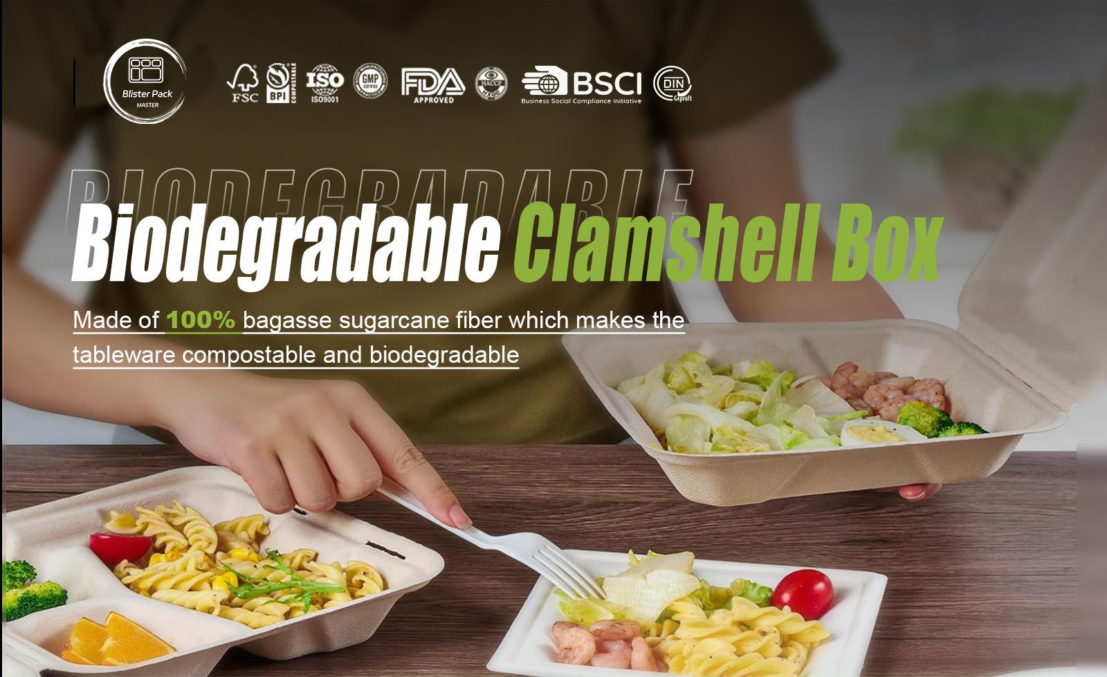 Biodegradable 3 Compartment Sugarcane sugarcane lunch box with Clear Lid Paper Pulp Tableware