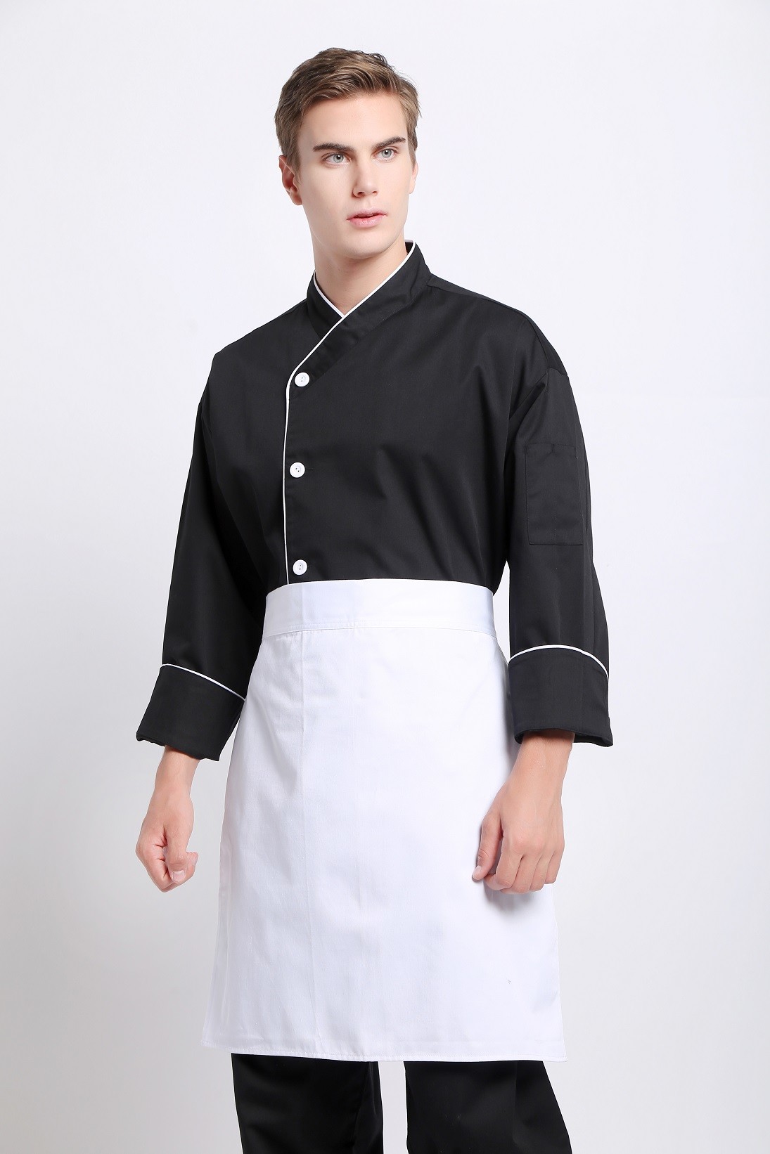 240 GSM Polyester 65% Cotton 35% Long Sleeve Feed Off Arm Black Chef Coat