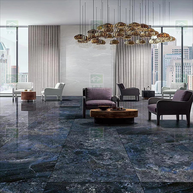 Apartment Glazed Polished Porcelain Tiles 60x120 Full Body Blue Glossy Interior