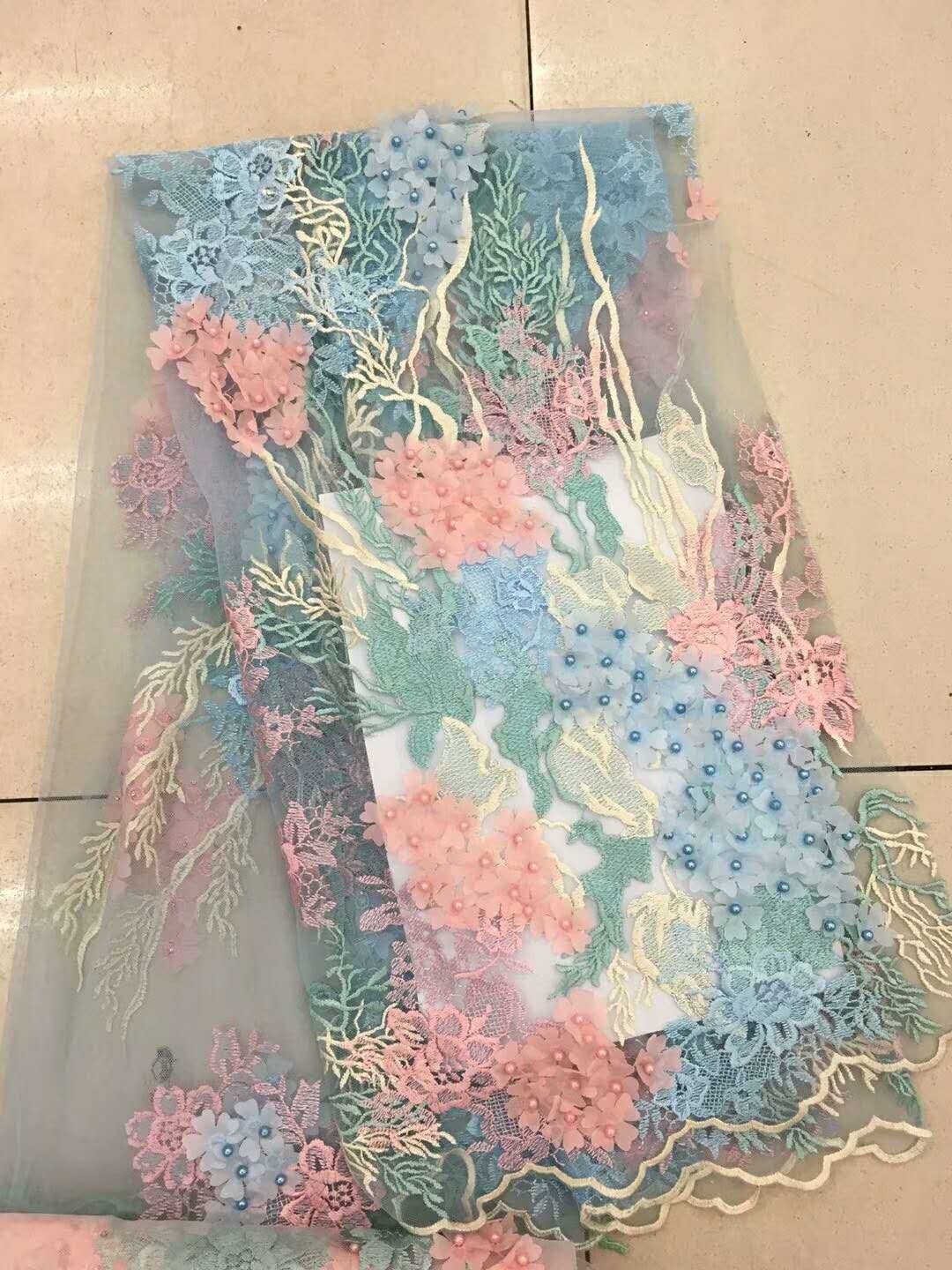 3D Beaded Lace Fabric , Scalloped Multi Color Floral Embroidered Fabric For Skirt