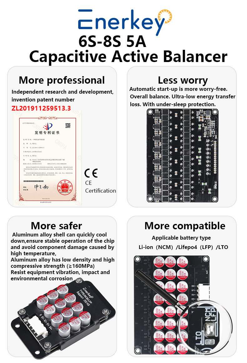 Enerkey 6S-8S 5A Lithium Active Balancer with Aluminum Shell Li-ion/Lto/Lifepo4 Battery Balancing Board