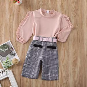 Wholesale Srping And Autumn New Children's Outfit Sets Pink Long-Sleeved Wooden Ear T-Shirt Shirt Plaid Three-Piece Belt​ from china suppliers
