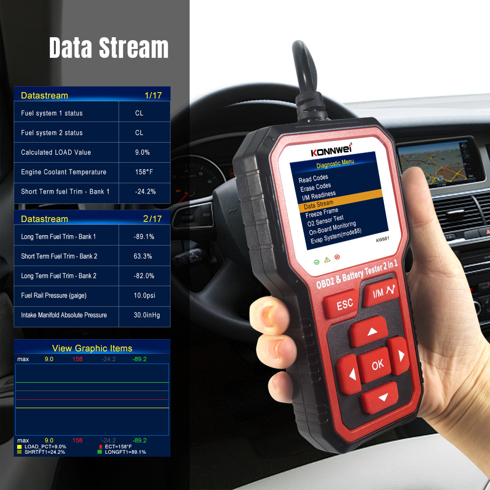 ABS 12V 2.4in TFT Car Battery Tester OBD2 Scanner 2 In 1 CCA