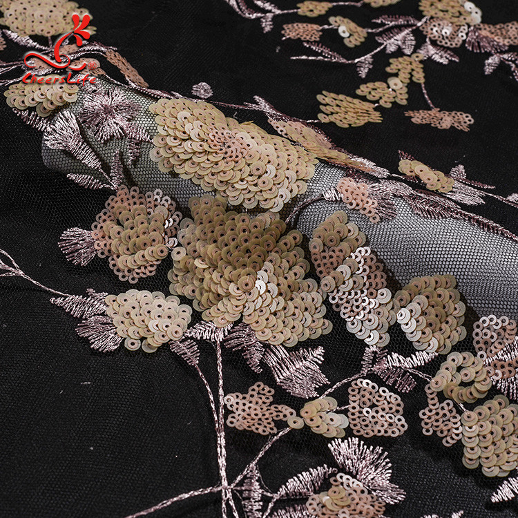 Wholesale African French Black Flower Sequin Lace Fabric For Wedding Garment