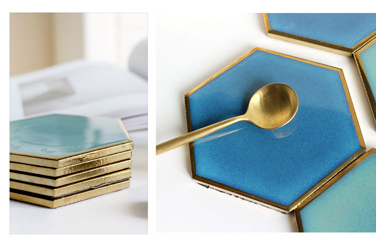 Luxury Custom Ceramic Coasters Hexagon Glass Wine Cup Pad Gold Rim Mat Waterproof Heat Insulated