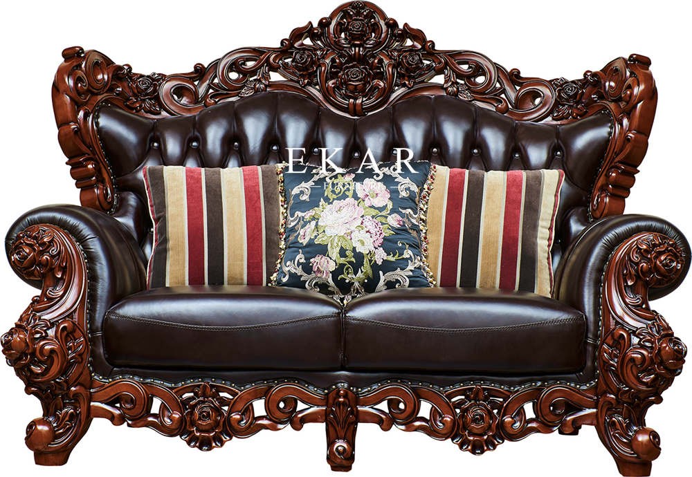 Oak Wooden Carving Design Royal Luxury Living Room 7 Seater Leather Sofa Set