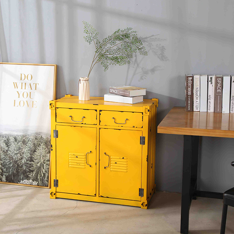 Shipping Container Nightstand Rusty Iron Frame Double Door Accent Side Cabinet