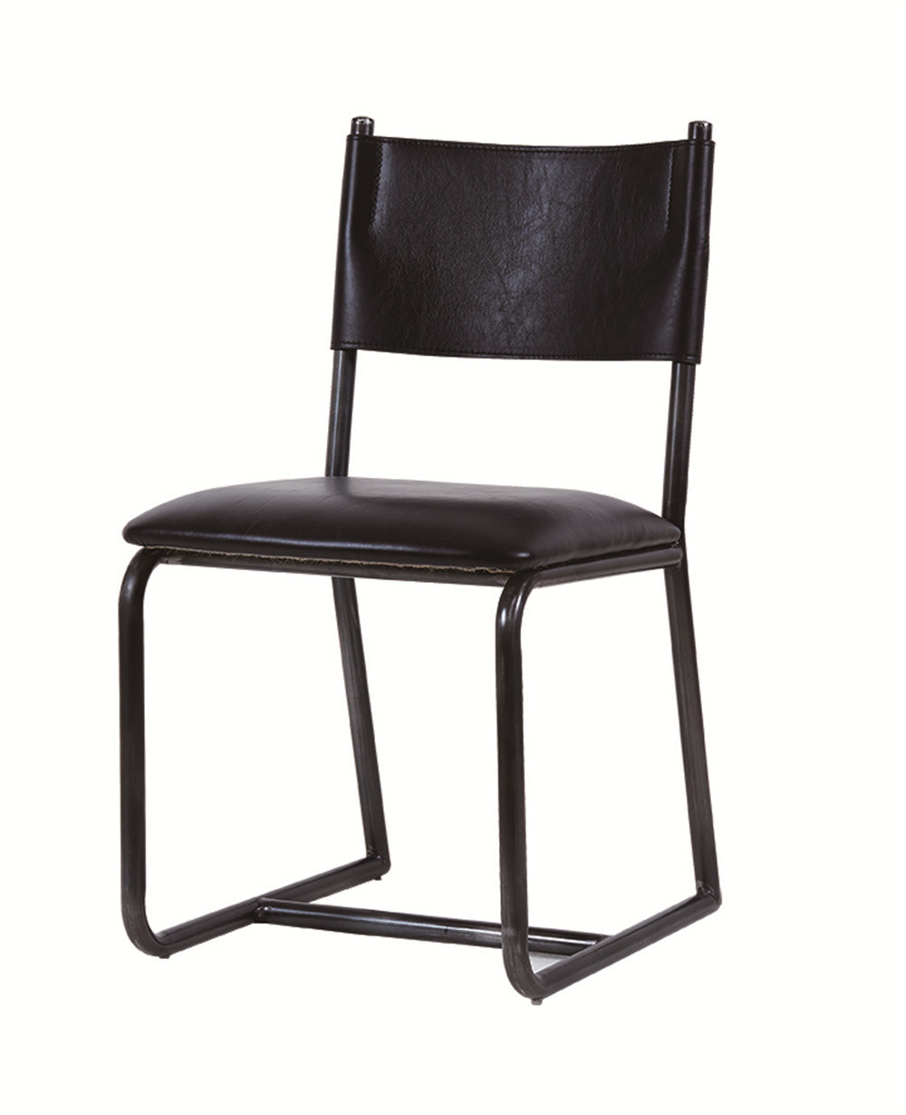 Vintage Top Genuine Black Leather Padded Dining Room Chairs Steel Frame European Style