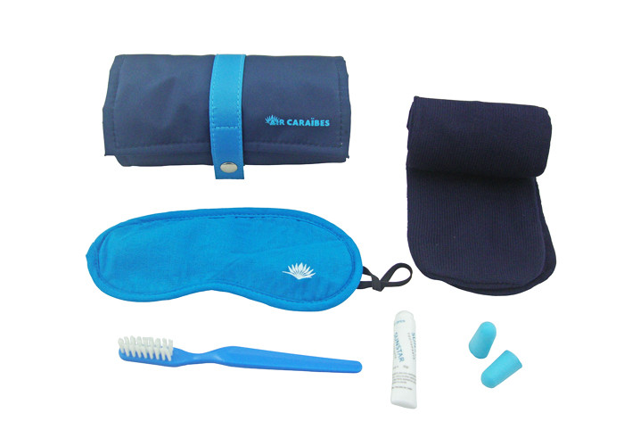 Blue Travel Set For Passengers , Airline Amenity Kits Pencil Vase Like Cylinder Pouch