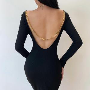 Wholesale Metal Chain Sexy Women Dresses , Backless Long Sleeve Bodycon Dress from china suppliers
