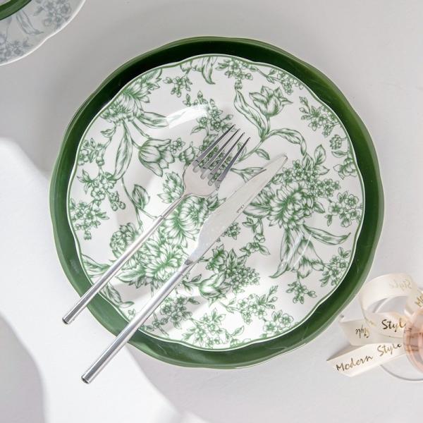 Green Floral Ceramic Diner Set Plate Under Glazed Technique Christmas Gift For
