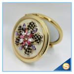 Shinny Gifts Luxury Rhinestone Flower Design Metal Compact Mirror Small Makeup