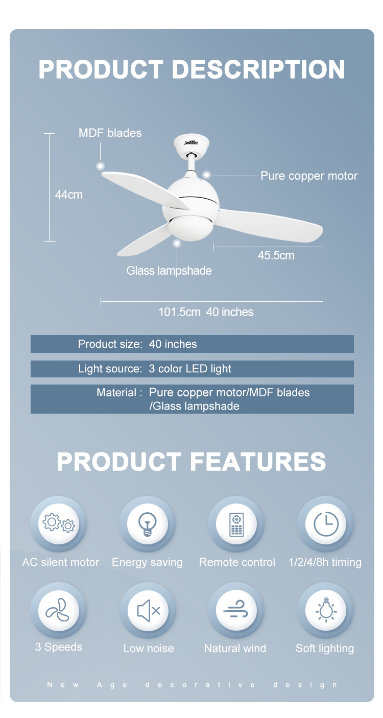 Remote LED Lighting Ceiling Fan Inverter with Advanced 3 Speed Choice and Metal MDF