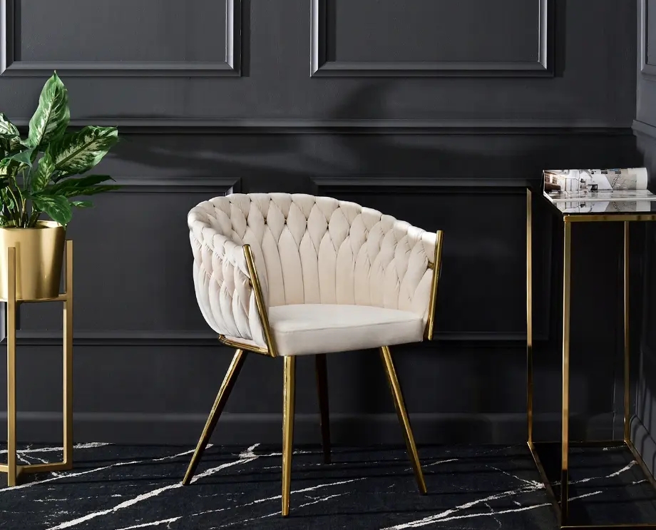 Woven Velvet Fabric Armchair Cream Upholstered Dining Chairs For Bedroom