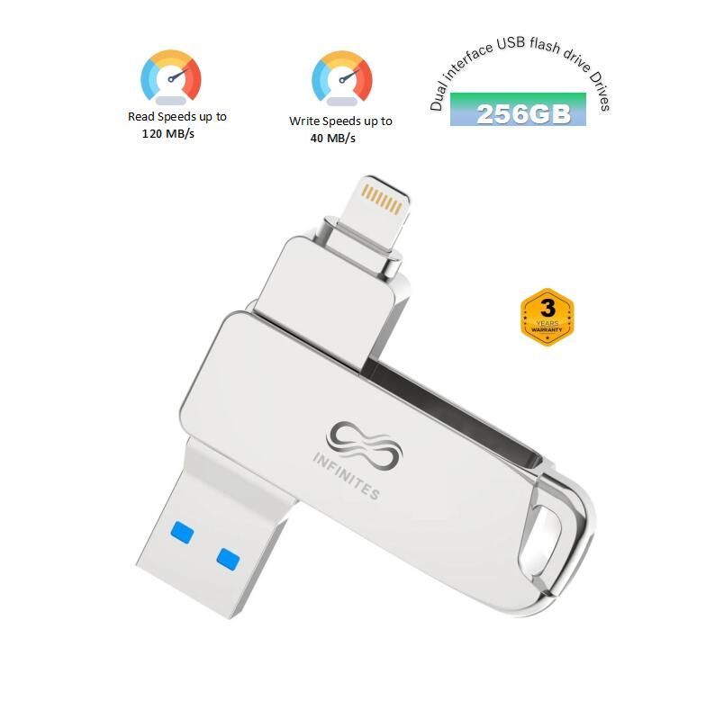 256GB Mfi Certified High Quality Ios Flash Drive Dual Interface USB Flash Drive Read Speed of up to 120 MB/S and a Write Speed of 40 MB/S