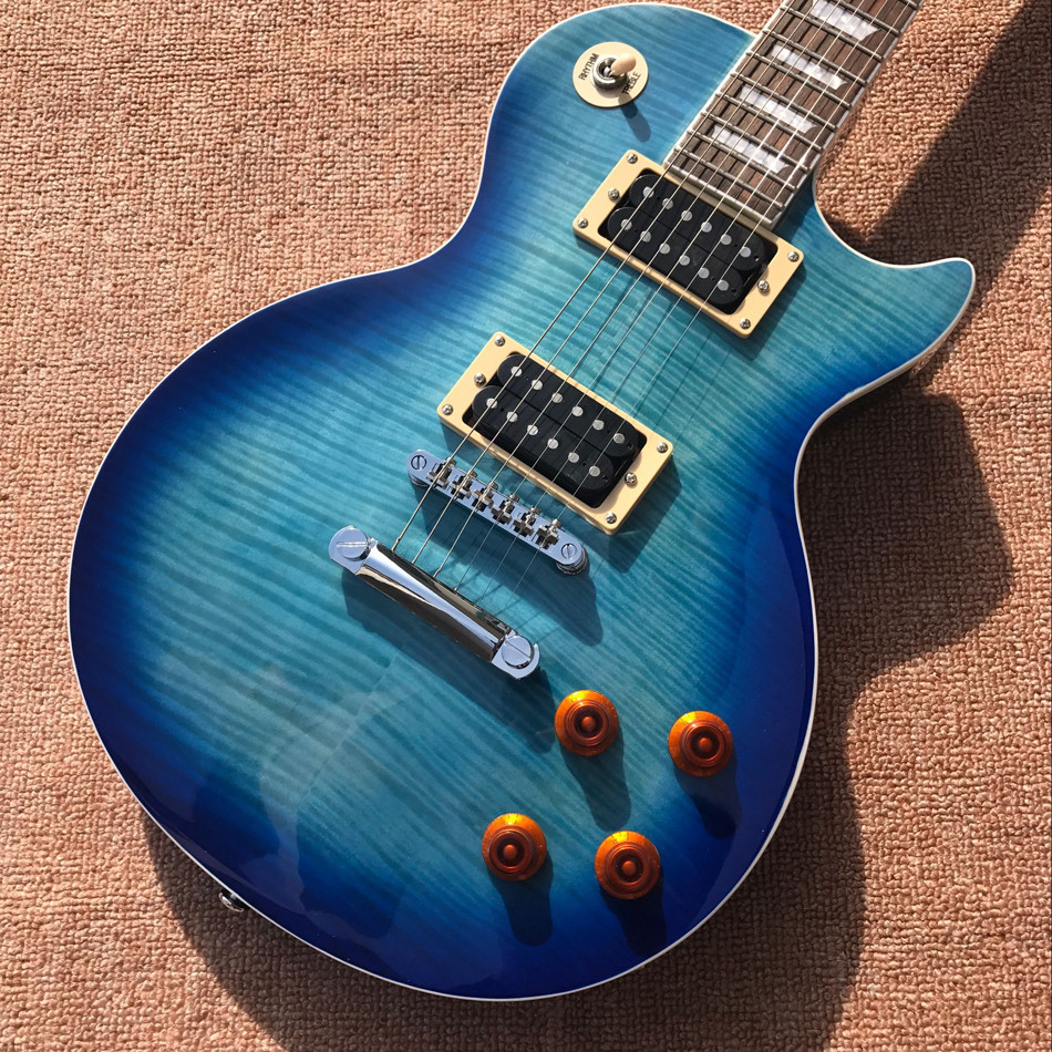 Custom LP tiger flame standard blue electric guitar mahogany body neck
