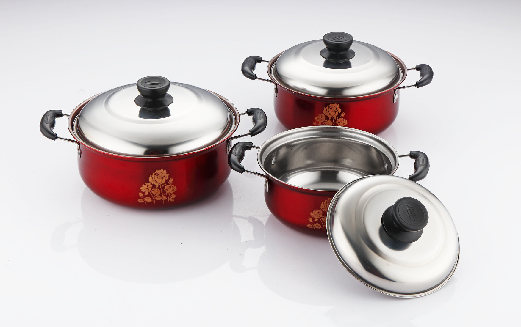 16/18/20/22cm red color & flower stainless steel cookware set & kitchenware set & pot & pan & casseroles