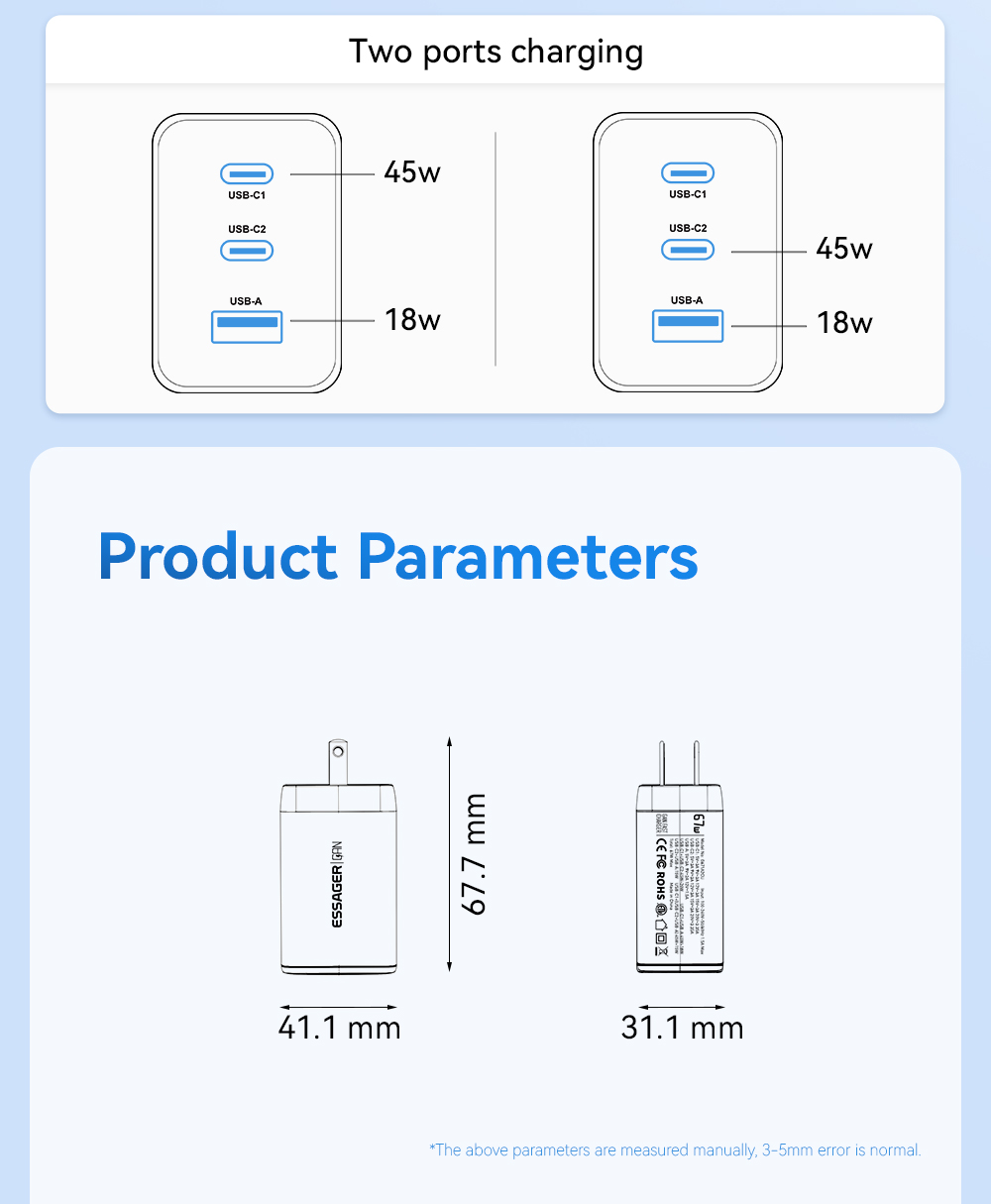 Cell Phone 3 Ports GaN Fast Charger USB C To USB C 67W ESSAGER G671A2CU1 Series