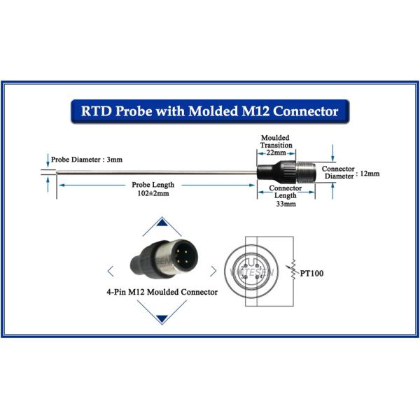 M12 Molded Stainless Steel PT100 Temperature Sensor 4 Wire 102mm Long