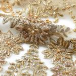 1 Yard Lengh Eco Friendly Gold Bridal Lace Fabric 140cm Width Beaded Heavy