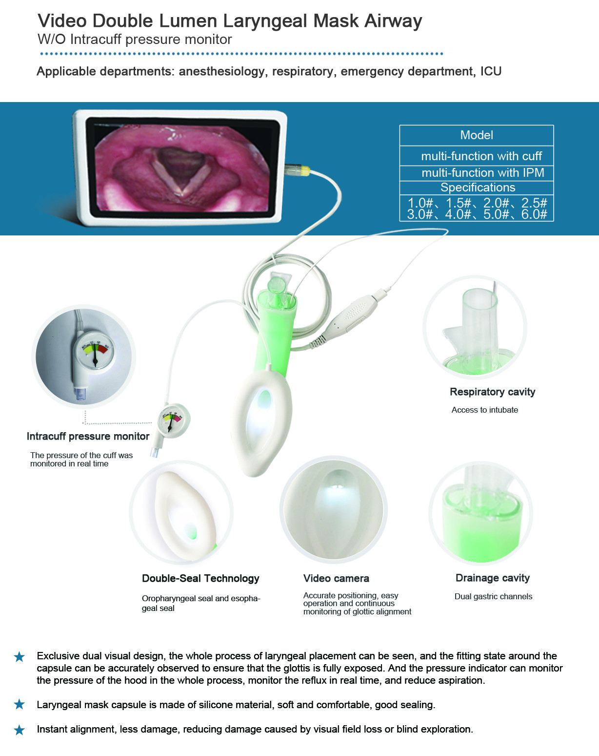 Medical Grade Silicone Video Double Lumen LMA Multi Function With Intracuff Pressure Monitor