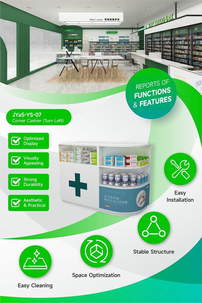 JYaS-YS-07 Eco-friendly Pharmacy Entrance Corner Cashier with Ultra-Clear Glass and Optimized Display