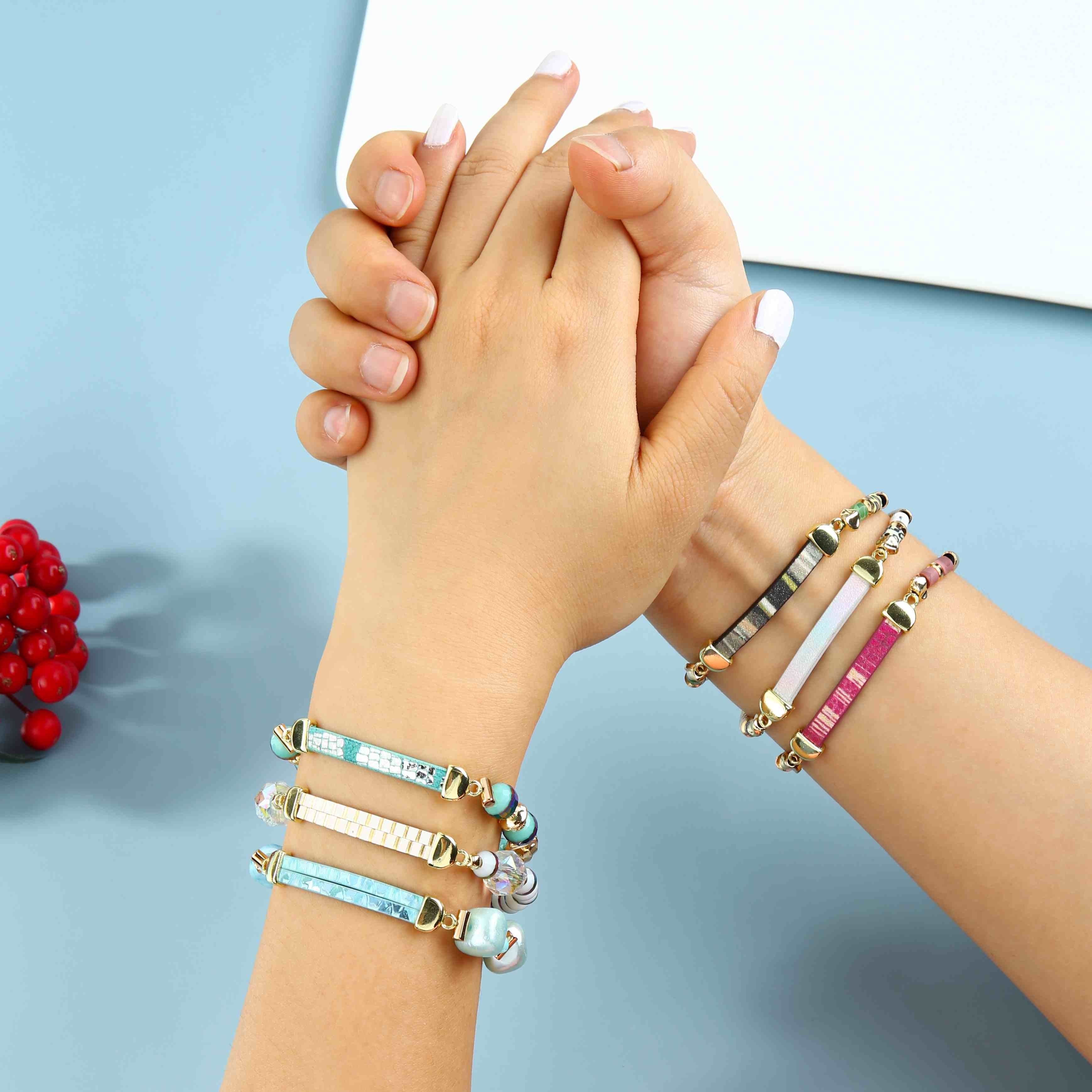 White Gold Striated Handmade Leather Bracelets With Clear Crystal And Rainbow Resin Beads