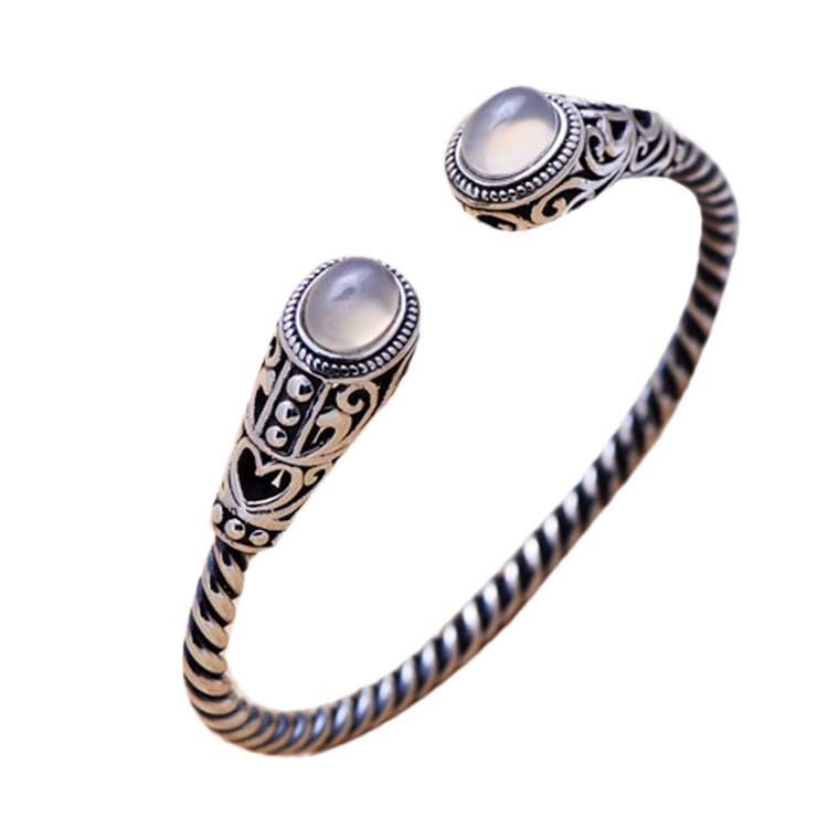 Sterling Silver Cable Bracelet with Chalcedony Open Adjustable Cuff Bracelet (XH049954WWHITE)