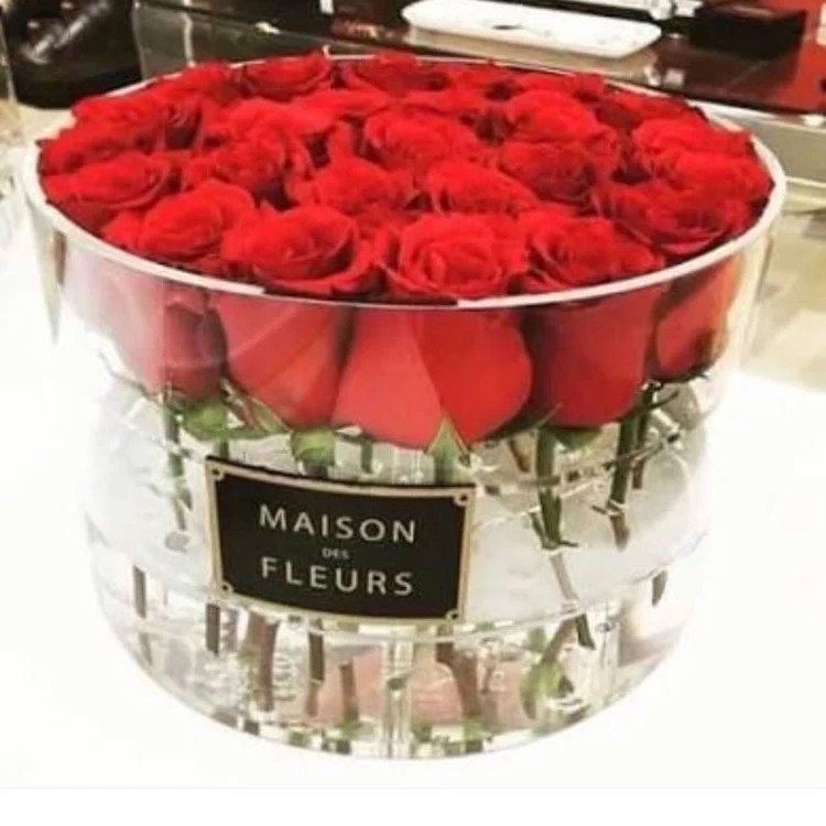 Customized transparent acrylic box print logo round acrylic flower box with lid