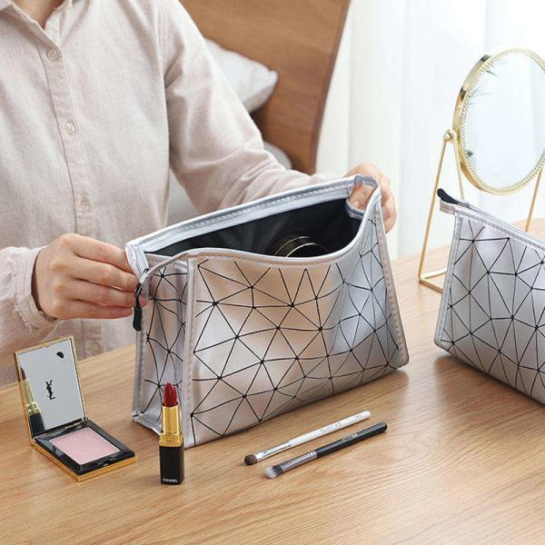 Large Capacity Customized Pu Leather Rainbow Zipper Rhombus Geometric Makeup